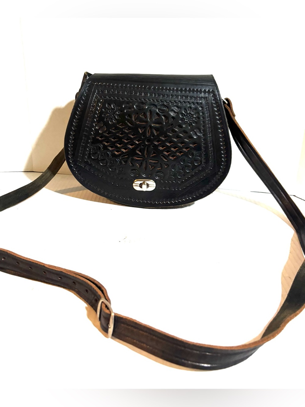 handmade vintage Black Tooled Leather Crossbody Bag